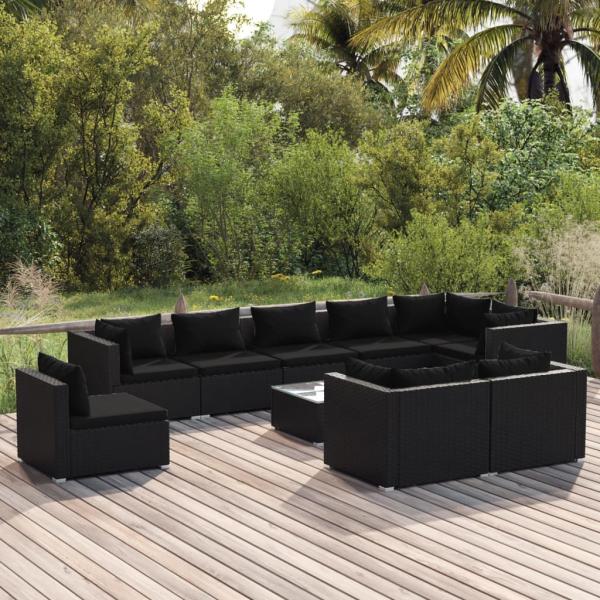 ARDEBO.de - 10-tlg. Garten-Lounge-Set mit Kissen Poly Rattan Schwarz