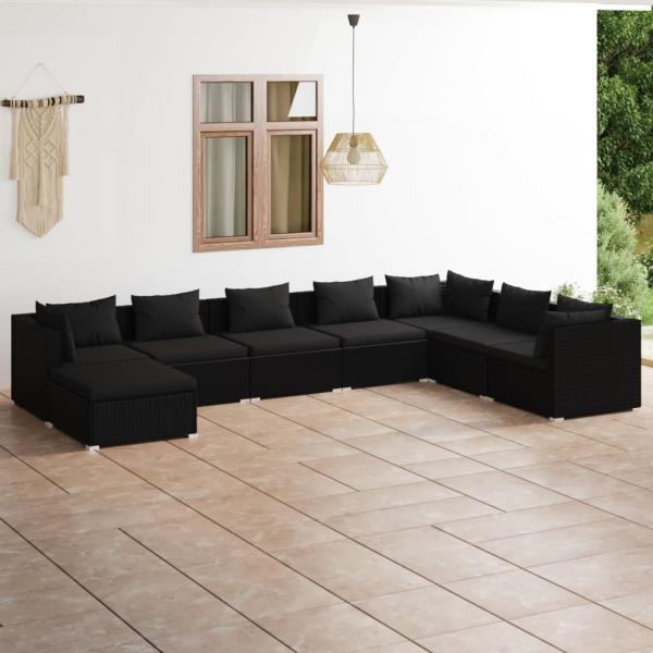 ARDEBO.de - 8-tlg. Garten-Lounge-Set mit Kissen Poly Rattan Schwarz