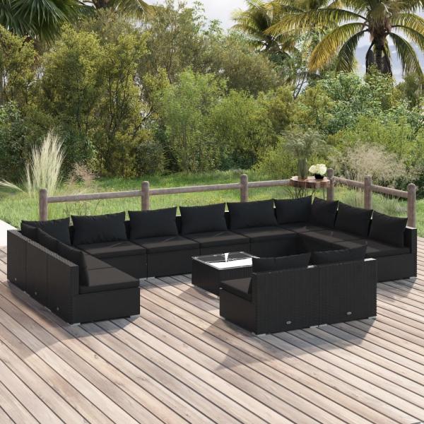 ARDEBO.de - 13-tlg. Garten-Lounge-Set mit Kissen Schwarz Poly Rattan