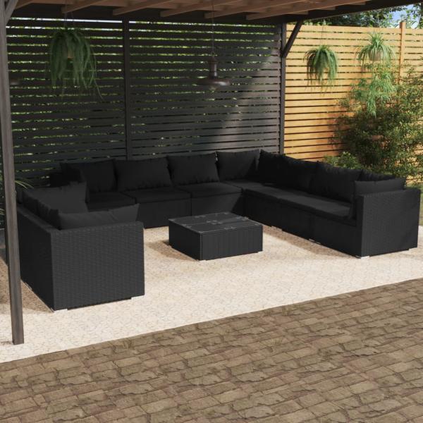 ARDEBO.de - 10-tlg. Garten-Lounge-Set mit Kissen Schwarz Poly Rattan