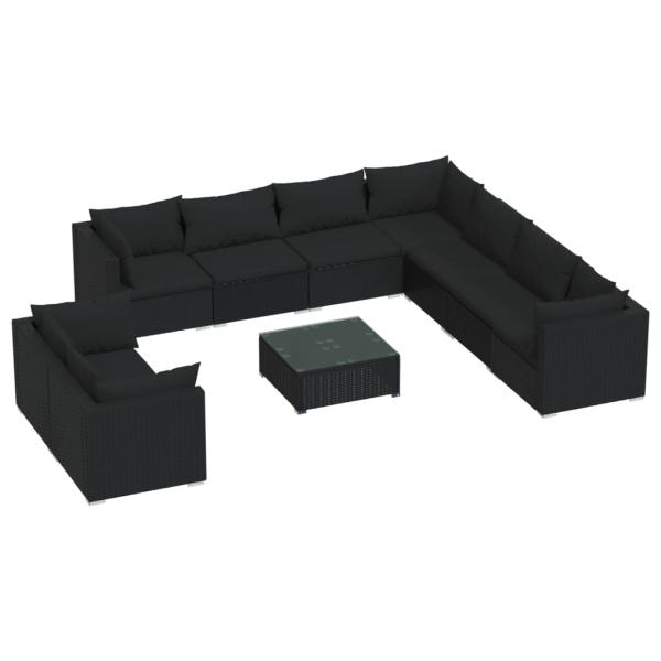 10-tlg. Garten-Lounge-Set mit Kissen Schwarz Poly Rattan