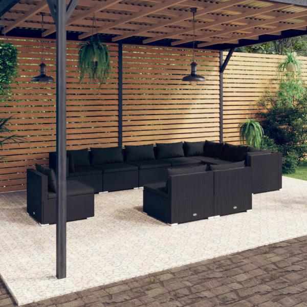 ARDEBO.de - 10-tlg. Garten-Lounge-Set mit Kissen Poly Rattan Schwarz