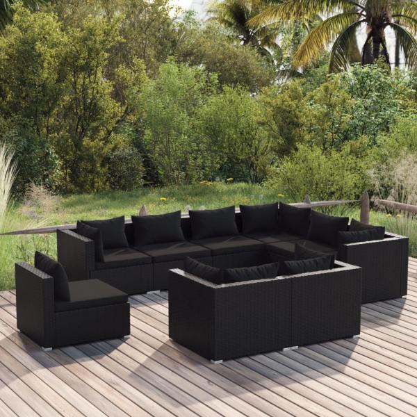 ARDEBO.de - 9-tlg. Garten-Lounge-Set mit Kissen Poly Rattan Schwarz
