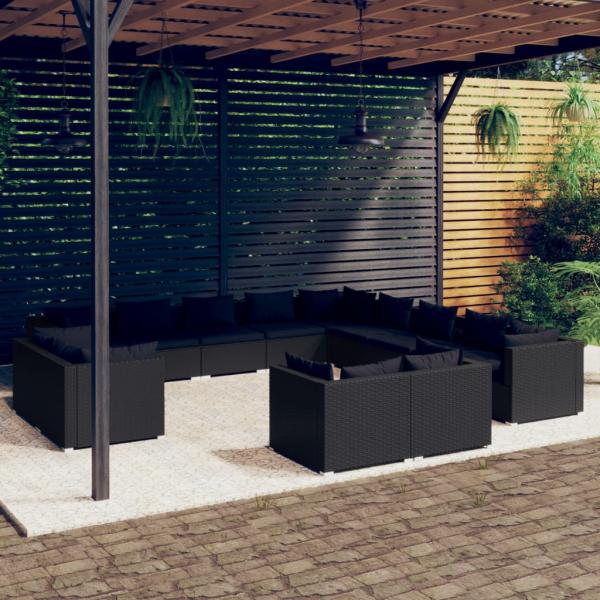 ARDEBO.de - 13-tlg. Garten-Lounge-Set mit Kissen Schwarz Poly Rattan