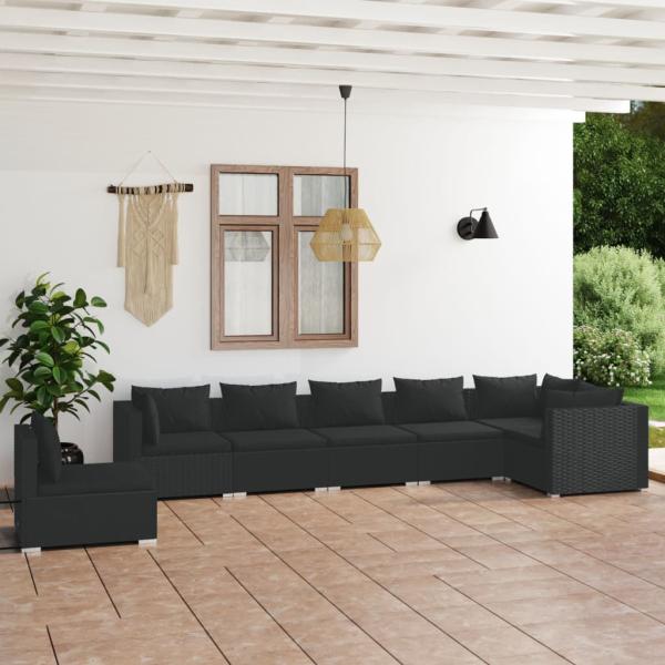 ARDEBO.de - 7-tlg. Garten-Lounge-Set mit Kissen Poly Rattan Schwarz