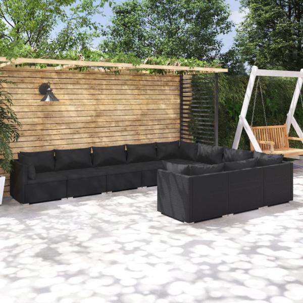 ARDEBO.de - 10-tlg. Garten-Lounge-Set mit Kissen Poly Rattan Schwarz