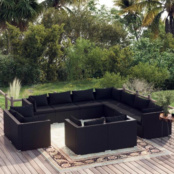 ARDEBO.de - 11-tlg. Garten-Lounge-Set mit Kissen Schwarz Poly Rattan