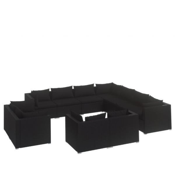 11-tlg. Garten-Lounge-Set mit Kissen Schwarz Poly Rattan