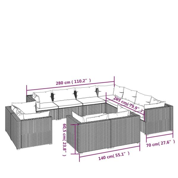 11-tlg. Garten-Lounge-Set mit Kissen Schwarz Poly Rattan
