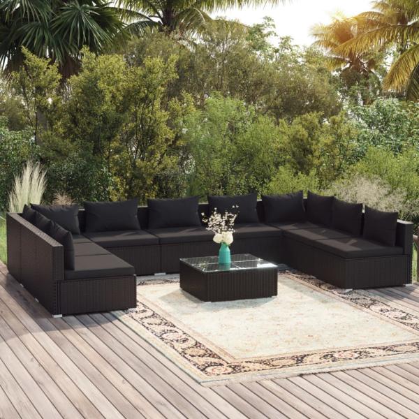 ARDEBO.de - 10-tlg. Garten-Lounge-Set mit Kissen Poly Rattan Schwarz
