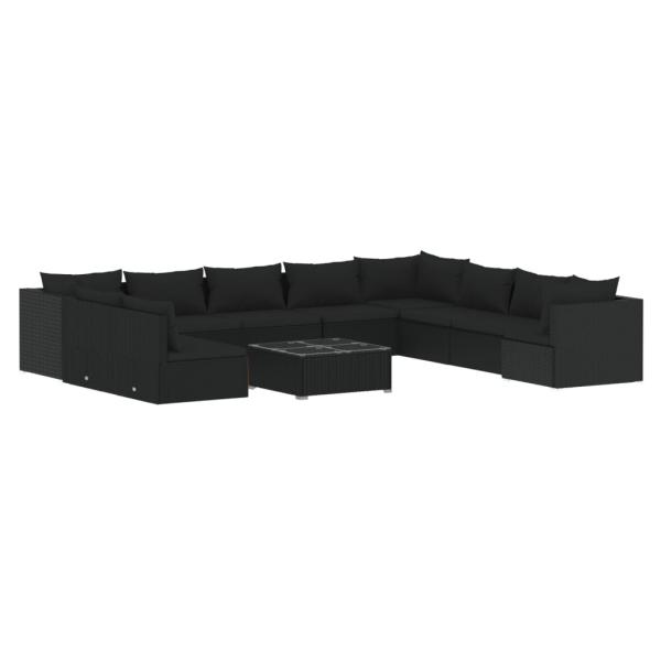 11-tlg. Garten-Lounge-Set mit Kissen Schwarz Poly Rattan
