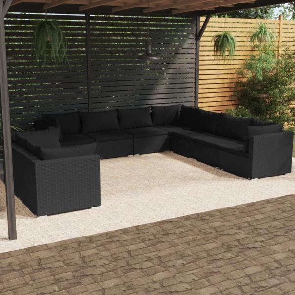 ARDEBO.de - 9-tlg. Garten-Lounge-Set mit Kissen Schwarz Poly Rattan