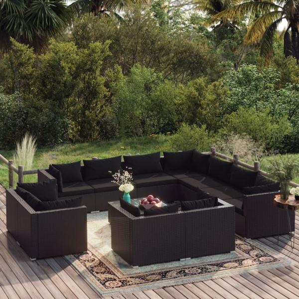 ARDEBO.de - 12-tlg. Garten-Lounge-Set mit Kissen Schwarz Poly Rattan
