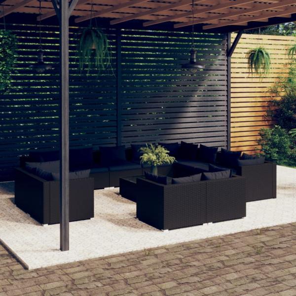 ARDEBO.de - 13-tlg. Garten-Lounge-Set mit Kissen Schwarz Poly Rattan