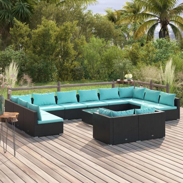 ARDEBO.de - 13-tlg. Garten-Lounge-Set mit Kissen Schwarz Poly Rattan