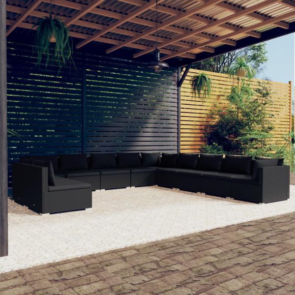 ARDEBO.de - 11-tlg. Garten-Lounge-Set mit Kissen Schwarz Poly Rattan