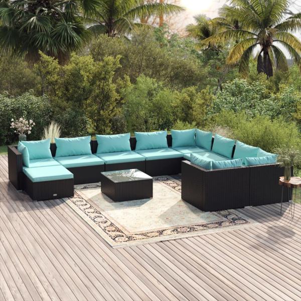 ARDEBO.de - 11-tlg. Garten-Lounge-Set mit Kissen Poly Rattan Schwarz