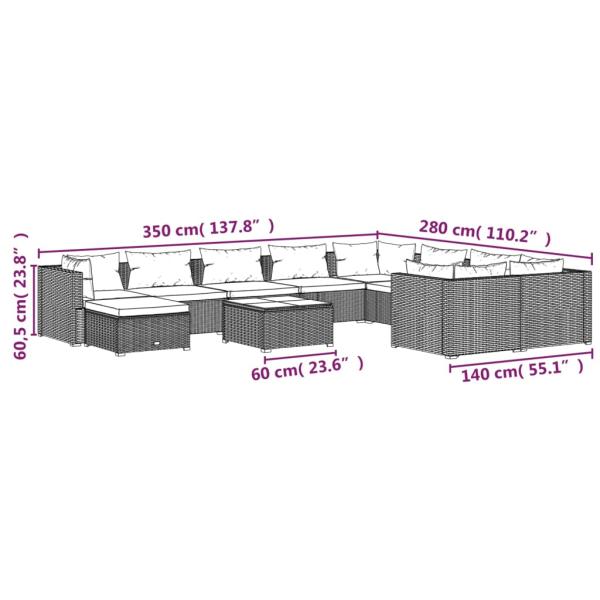 11-tlg. Garten-Lounge-Set mit Kissen Poly Rattan Schwarz