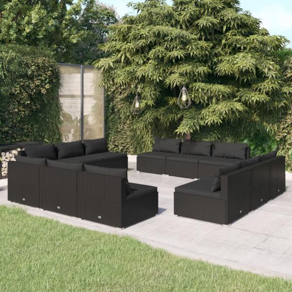 ARDEBO.de - 12-tlg. Garten-Lounge-Set mit Kissen Poly Rattan Schwarz