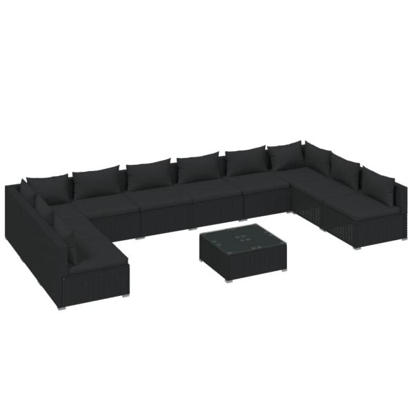 11-tlg. Garten-Lounge-Set mit Kissen Poly Rattan Schwarz