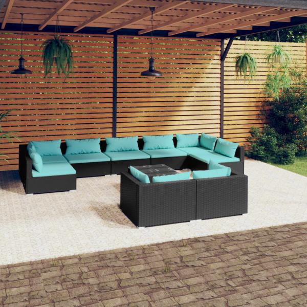 ARDEBO.de - 10-tlg. Garten-Lounge-Set mit Kissen Schwarz Poly Rattan