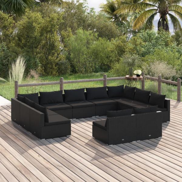 ARDEBO.de - 11-tlg. Garten-Lounge-Set mit Kissen Schwarz Poly Rattan