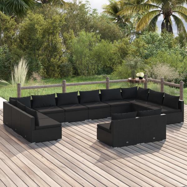 ARDEBO.de - 12-tlg. Garten-Lounge-Set mit Kissen Schwarz Poly Rattan