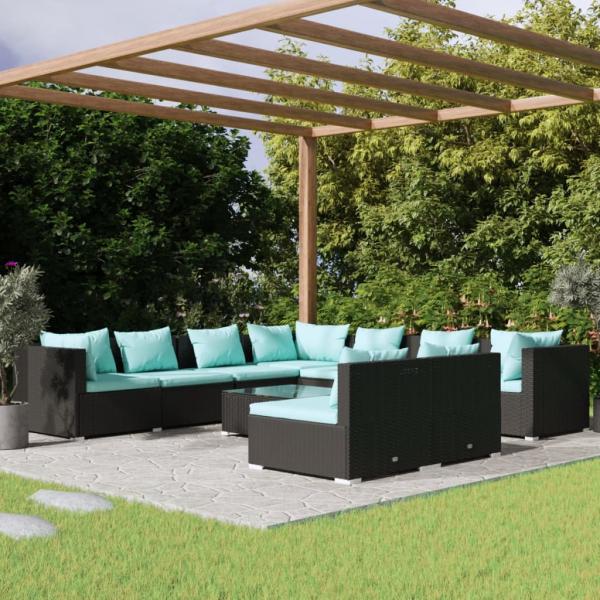 ARDEBO.de - 10-tlg. Garten-Lounge-Set mit Kissen Schwarz Poly Rattan