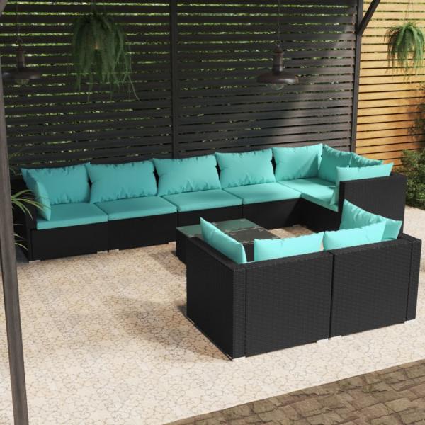 ARDEBO.de - 9-tlg. Garten-Lounge-Set mit Kissen Schwarz Poly Rattan