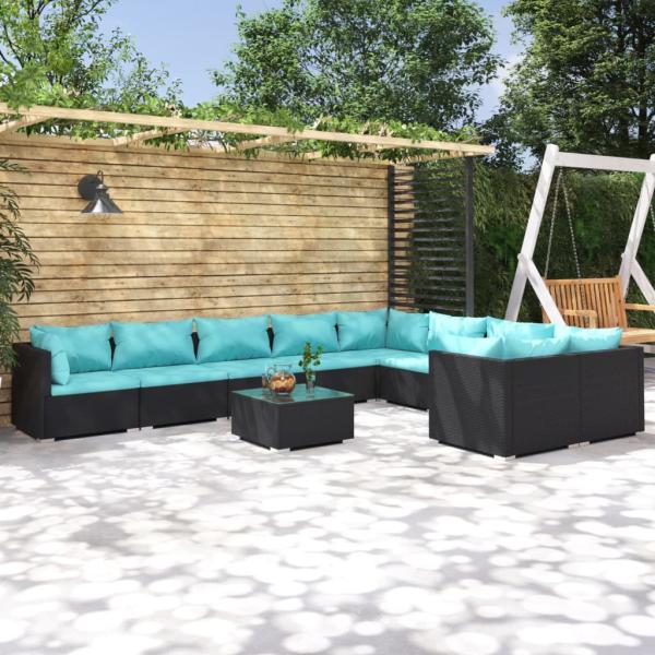 ARDEBO.de - 10-tlg. Garten-Lounge-Set mit Kissen Poly Rattan Schwarz