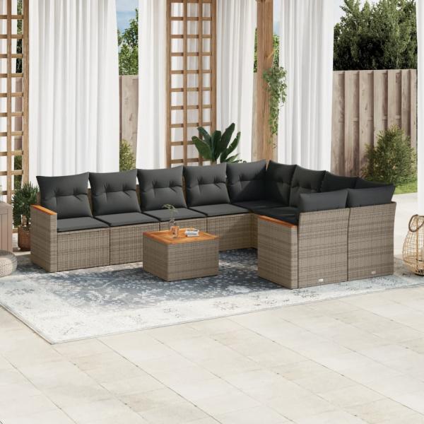 ARDEBO.de - 10-tlg. Garten-Sofagarnitur mit Kissen Grau Poly Rattan