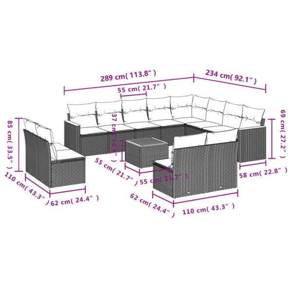 13-tlg. Garten-Sofagarnitur mit Kissen Grau Poly Rattan