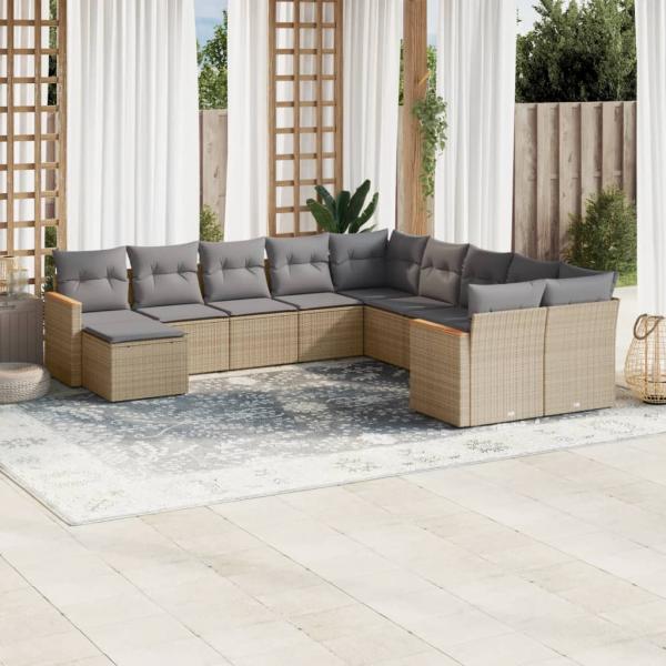 ARDEBO.de - 11-tlg. Garten-Sofagarnitur mit Kissen Beige Poly Rattan