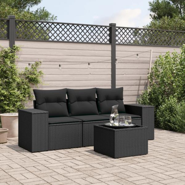 ARDEBO.de - 4-tlg. Garten-Sofagarnitur mit Kissen Schwarz Poly Rattan
