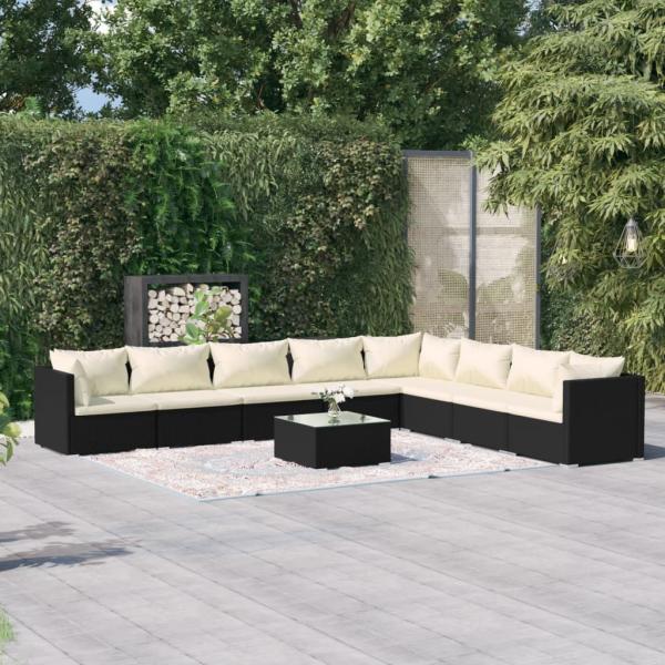 ARDEBO.de - 9-tlg. Garten-Lounge-Set mit Kissen Poly Rattan Schwarz