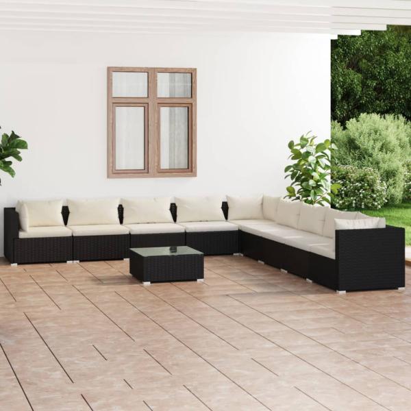 ARDEBO.de - 10-tlg. Garten-Lounge-Set mit Kissen Poly Rattan Schwarz