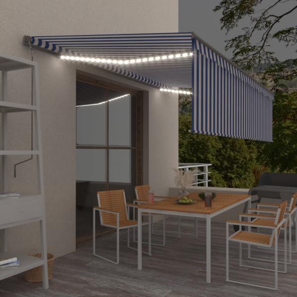 ARDEBO.de - Markise Manuell Einziehbar mit Rollo & LED 5x3 m Blau & Weiß