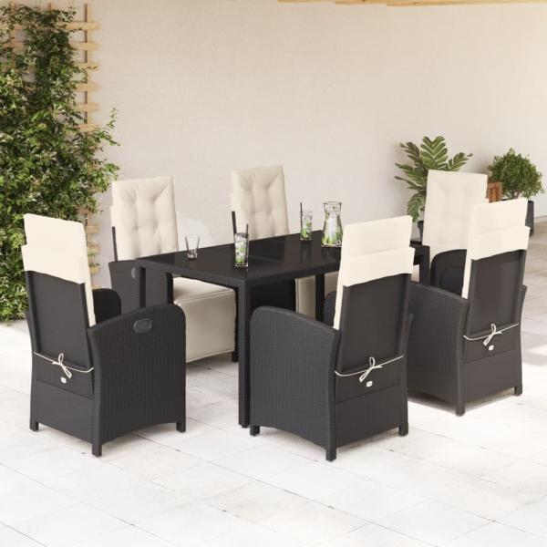 ARDEBO.de - 7-tlg. Garten-Essgruppe mit Kissen Schwarz Poly Rattan