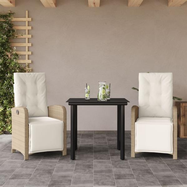 ARDEBO.de - 3-tlg. Bistro-Set mit Kissen Beige Poly Rattan