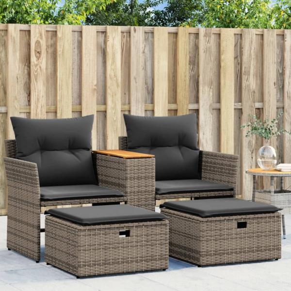 ARDEBO.de - Gartensofa 2-Sitzer mit Hockern Grau Poly Rattan