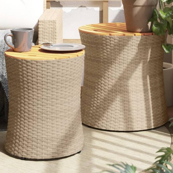 ARDEBO.de - Garten-Beistelltische 2 Stk. mit Holzplatte Beige Poly Rattan