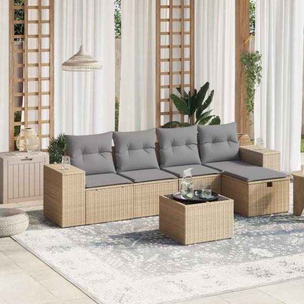 ARDEBO.de - 6-tlg. Garten-Sofagarnitur mit Kissen Beige Poly Rattan