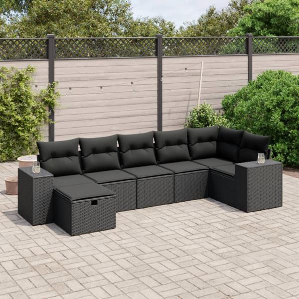 ARDEBO.de - 7-tlg. Garten-Sofagarnitur mit Kissen Schwarz Poly Rattan
