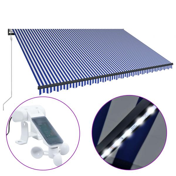 Markise mit Windsensor & LED 500x300cm Blau und Weiß