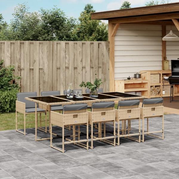 ARDEBO.de - 9-tlg. Garten-Essgruppe mit Kissen Beigemischung Poly Rattan