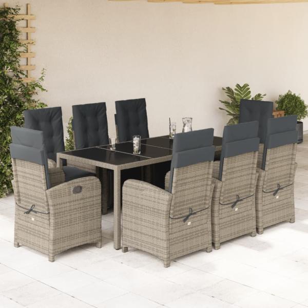 ARDEBO.de - 9-tlg. Garten-Essgruppe mit Kissen Grau Poly Rattan