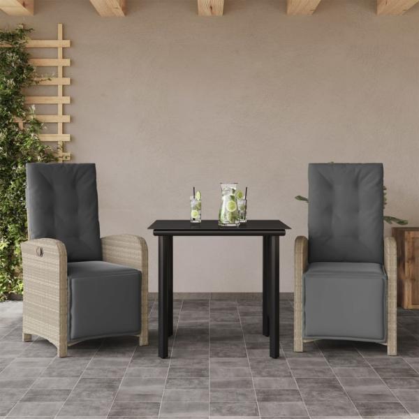 ARDEBO.de - 3-tlg. Bistro-Set mit Kissen Hellgrau Poly Rattan