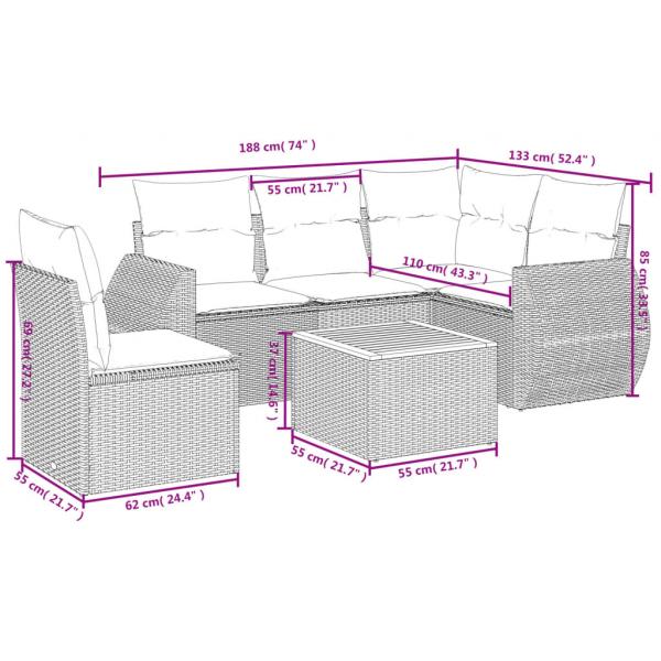 6-tlg. Garten-Sofagarnitur mit Kissen Grau Poly Rattan
