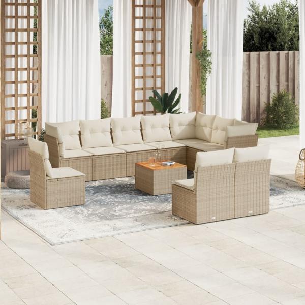 ARDEBO.de - 11-tlg. Garten-Sofagarnitur mit Kissen Beige Poly Rattan