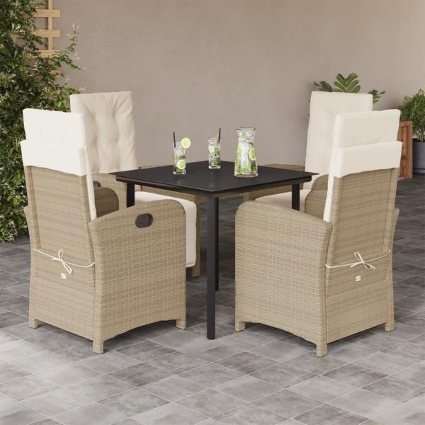 ARDEBO.de - 5-tlg. Garten-Essgruppe mit Kissen Beige Poly Rattan